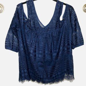 Lily White navy lace lined cold shoulder top